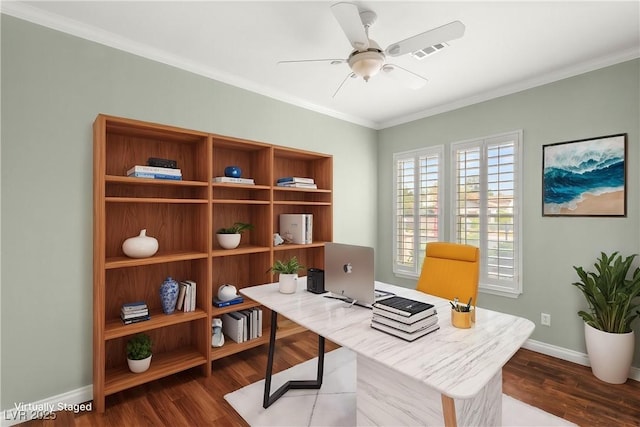 215 Great Gable Dr, Las Vegas, NV 89183 - office with a ceiling fan, dark wood-style flooring, baseboards, and crown molding