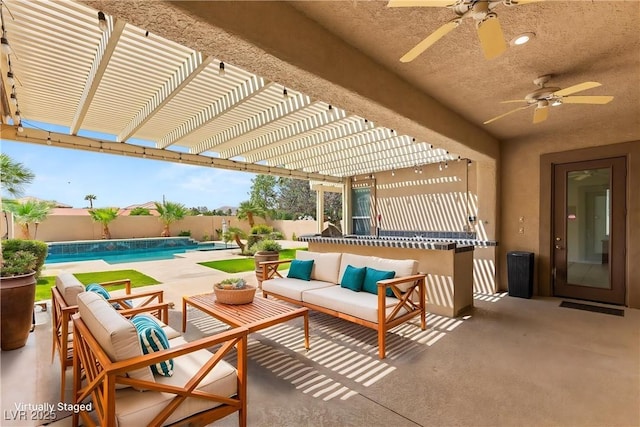 215 Great Gable Dr, Las Vegas, NV 89183 - view of patio / terrace with an outdoor hangout area, ceiling fan, a fenced backyard, and a pergola
