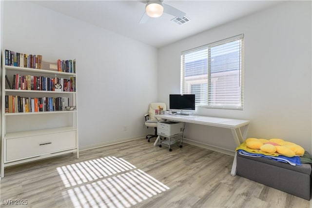 office with wood finished floors, a ceiling fan, and baseboards