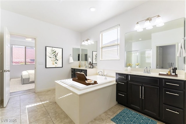 10742 Cowlite Ave, Las Vegas, NV 89166 - bathroom featuring vanity, healthy amount of natural light, a bath, and an enclosed shower