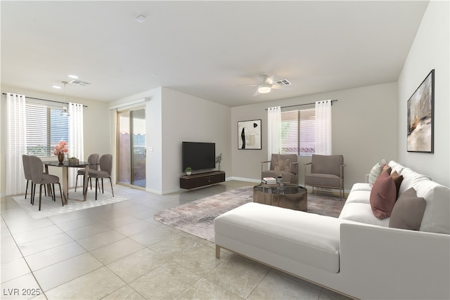 10742 Cowlite Ave, Las Vegas, NV 89166 - living area with healthy amount of natural light, light tile patterned floors, ceiling fan, and recessed lighting