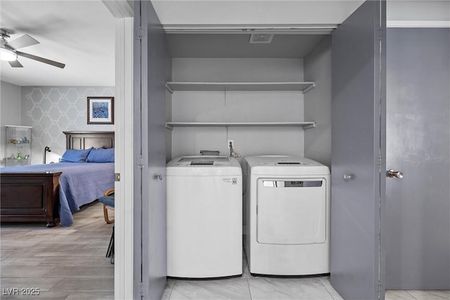 4821 Black Bear Rd Unit 101, Las Vegas, NV 89149 - laundry room featuring independent washer and dryer, wallpapered walls, and ceiling fan