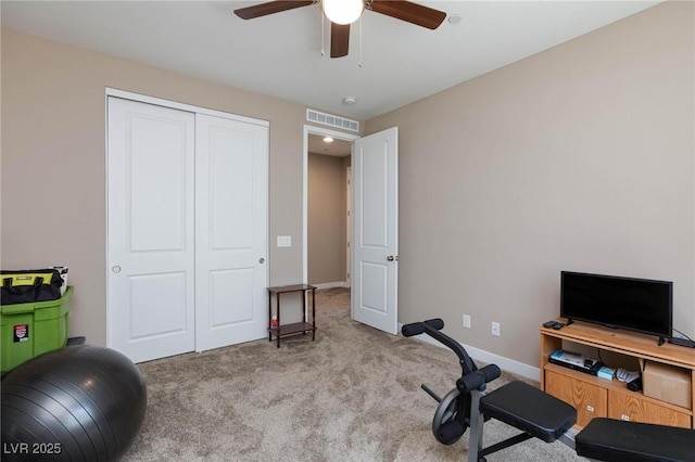 8873 Howell St, Las Vegas, NV 89166 - workout area featuring carpet flooring, ceiling fan, and baseboards