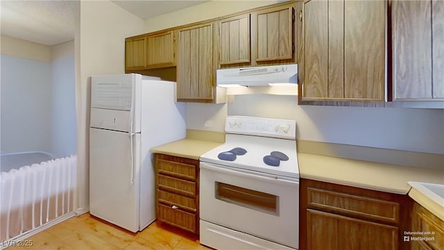 kitchen with white appliances, range hood, light countertops, and radiator