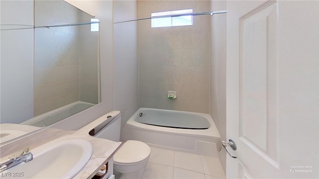 full bath with tile patterned floors, toilet, vanity, and shower / bathtub combination