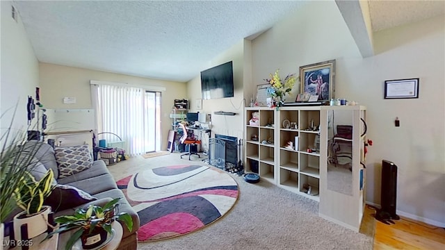 living area featuring a textured ceiling, lofted ceiling, and baseboards