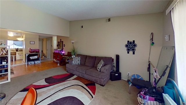 living room featuring carpet