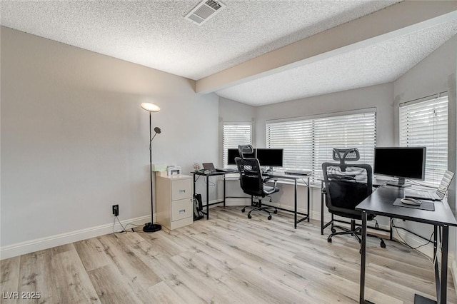 2224 Lucerne Ct, Henderson, NV 89014 - home office with baseboards, a textured ceiling, light wood-type flooring, and beam ceiling