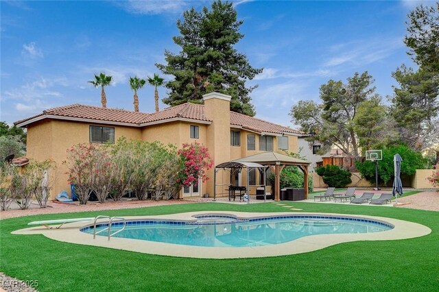 2224 Lucerne Ct, Henderson, NV 89014 - view of swimming pool featuring a gazebo, a yard, a diving board, a patio, and cooling unit