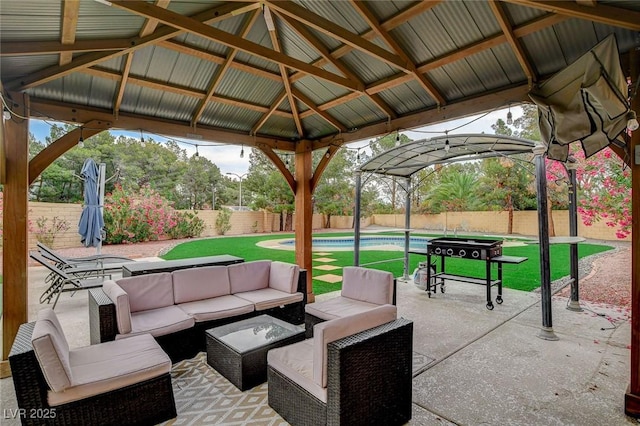 2224 Lucerne Ct, Henderson, NV 89014 - view of patio / terrace featuring a fenced backyard, a gazebo, and an outdoor hangout area
