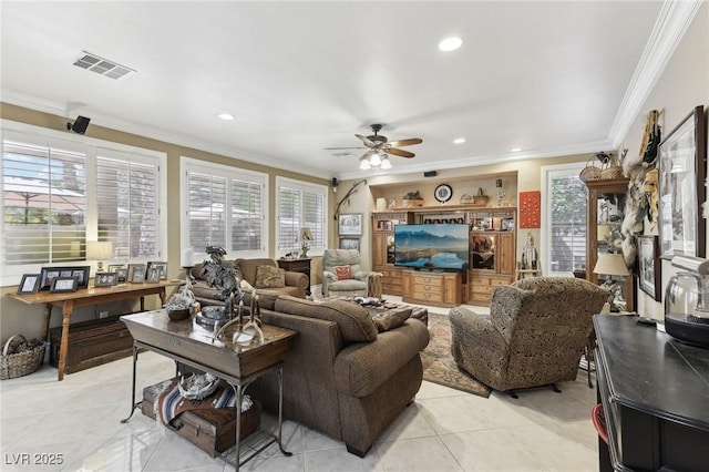 7301 Heggie Ave, Las Vegas, NV 89131 - living area with crown molding, light tile patterned floors, a ceiling fan, and recessed lighting