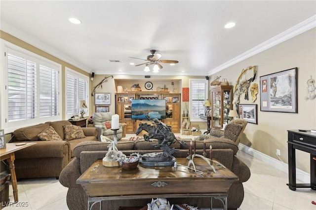 7301 Heggie Ave, Las Vegas, NV 89131 - living area with ceiling fan, light tile patterned floors, crown molding, recessed lighting, and baseboards
