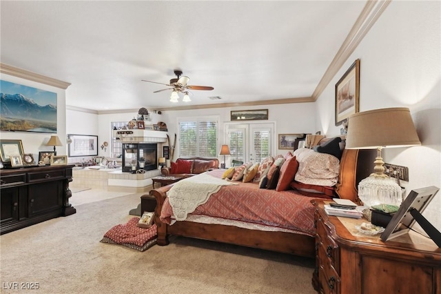 7301 Heggie Ave, Las Vegas, NV 89131 - carpeted bedroom with crown molding and a tiled fireplace