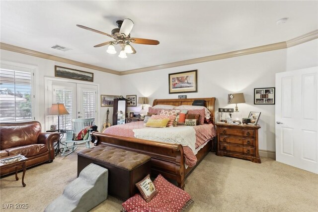 7301 Heggie Ave, Las Vegas, NV 89131 - carpeted bedroom featuring ornamental molding, access to exterior, and ceiling fan