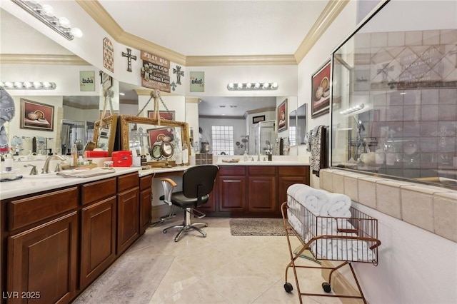 7301 Heggie Ave, Las Vegas, NV 89131 - full bath with a tile shower, tile patterned flooring, ornamental molding, and two vanities