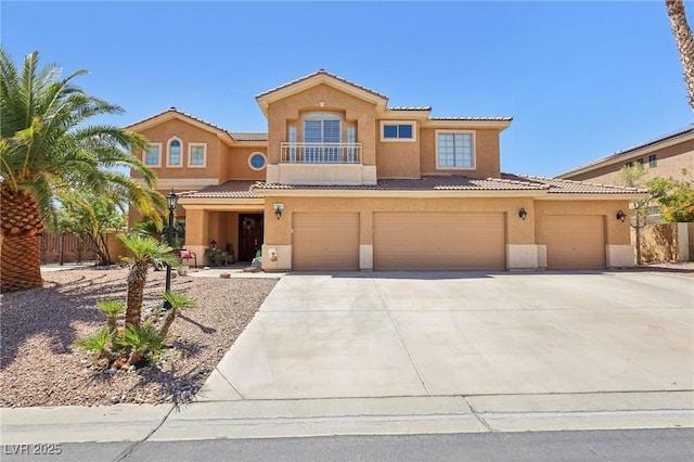 7301 Heggie Ave, Las Vegas, NV 89131 - mediterranean / spanish-style home with driveway, stucco siding, a tile roof, and a balcony