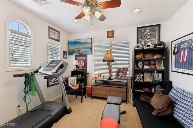 7301 Heggie Ave, Las Vegas, NV 89131 - workout area featuring ceiling fan, light carpet, and recessed lighting
