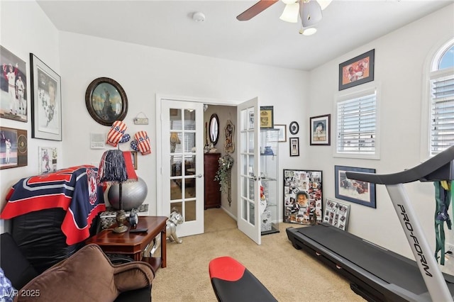 7301 Heggie Ave, Las Vegas, NV 89131 - exercise area featuring french doors, carpet, and a ceiling fan