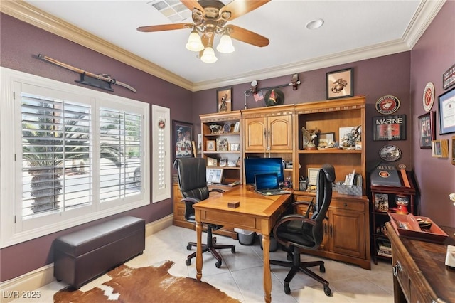 7301 Heggie Ave, Las Vegas, NV 89131 - office with a ceiling fan, crown molding, light tile patterned flooring, and baseboards