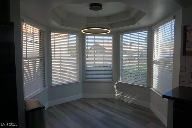 unfurnished dining area with a raised ceiling, baseboards, and wood finished floors