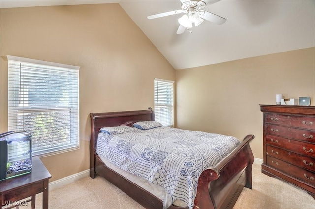 824 Schooner Dr, Henderson, NV 89015 - bedroom with light carpet, baseboards, high vaulted ceiling, and ceiling fan