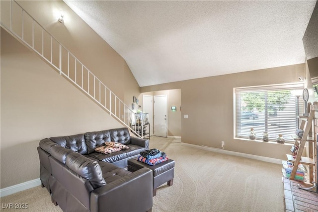 824 Schooner Dr, Henderson, NV 89015 - living room featuring stairway, light carpet, a textured ceiling, lofted ceiling, and baseboards