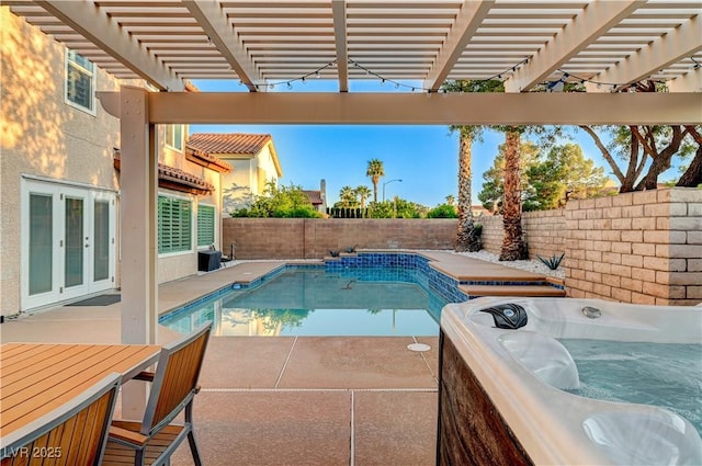 view of pool featuring a fenced backyard, a hot tub, a patio area, french doors, and a pergola