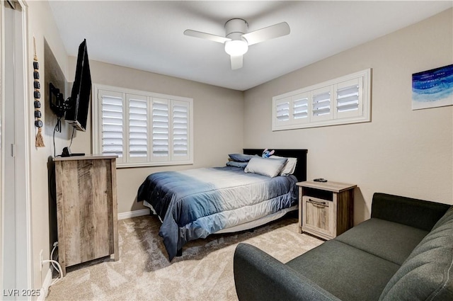 bedroom featuring carpet, ceiling fan, and baseboards