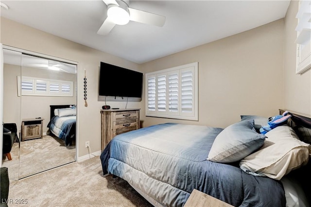 bedroom featuring carpet flooring, ceiling fan, and baseboards
