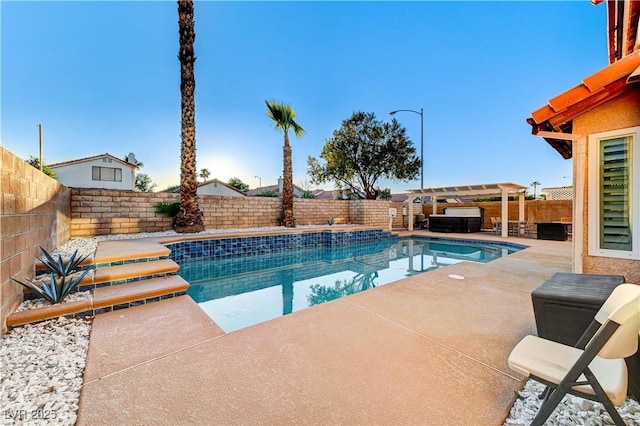 view of pool with a pergola, a fenced backyard, and a patio area