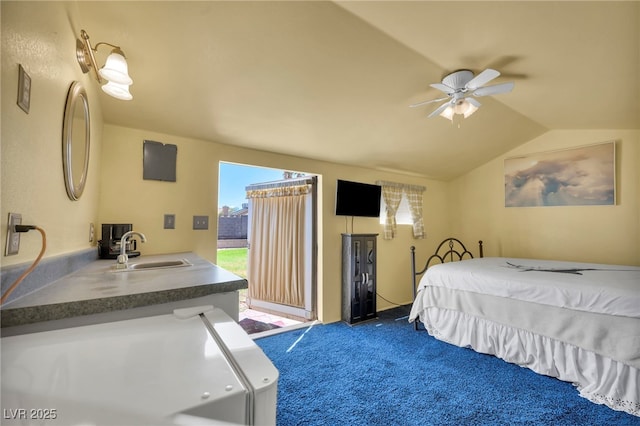 819 Arrowhead Trl, Henderson, NV 89002 - bedroom with a sink, dark carpet, access to exterior, and lofted ceiling