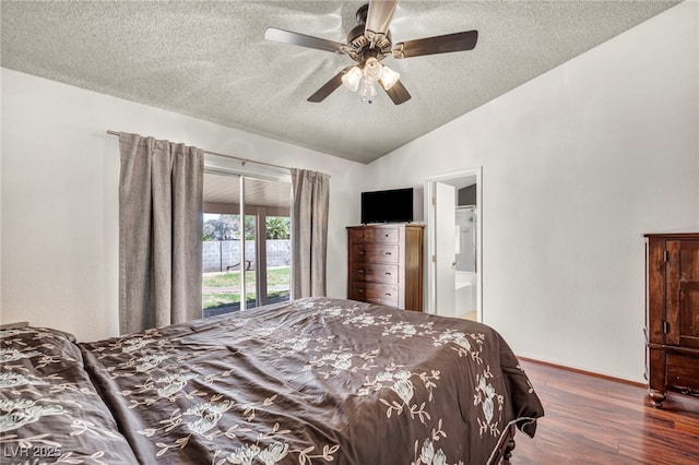 819 Arrowhead Trl, Henderson, NV 89002 - bedroom featuring a textured ceiling, wood finished floors, baseboards, lofted ceiling, and ceiling fan