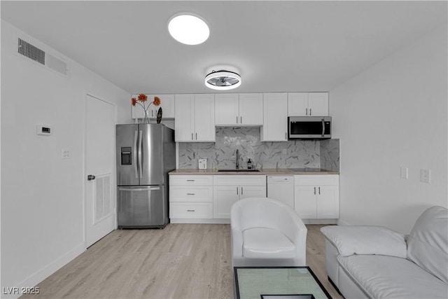kitchen featuring appliances with stainless steel finishes, a sink, light wood-style floors, and backsplash