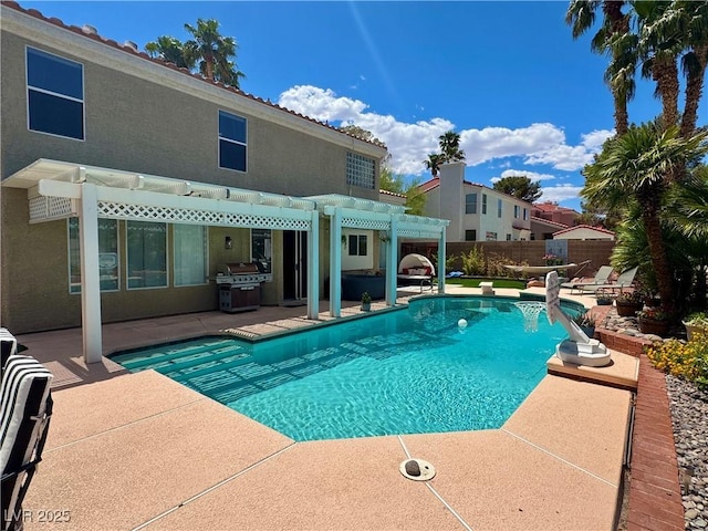 view of pool with a pergola, a patio area, fence, and a grill