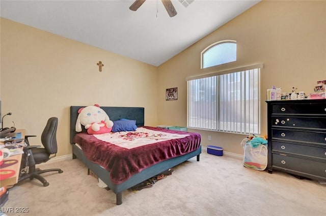 bedroom featuring carpet flooring, high vaulted ceiling, ceiling fan, and baseboards