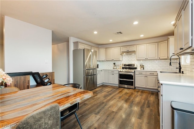 200 E Desert Rose Dr, Henderson, NV 89015 - kitchen featuring stainless steel appliances, a sink, decorative backsplash, light countertops, and under cabinet range hood