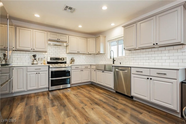 200 E Desert Rose Dr, Henderson, NV 89015 - kitchen with appliances with stainless steel finishes, light countertops, a sink, dark wood finished floors, and decorative backsplash