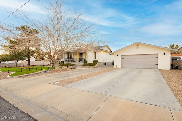 200 E Desert Rose Dr, Henderson, NV 89015 - view of front of house with stucco siding, covered porch, driveway, a front lawn, and an attached garage