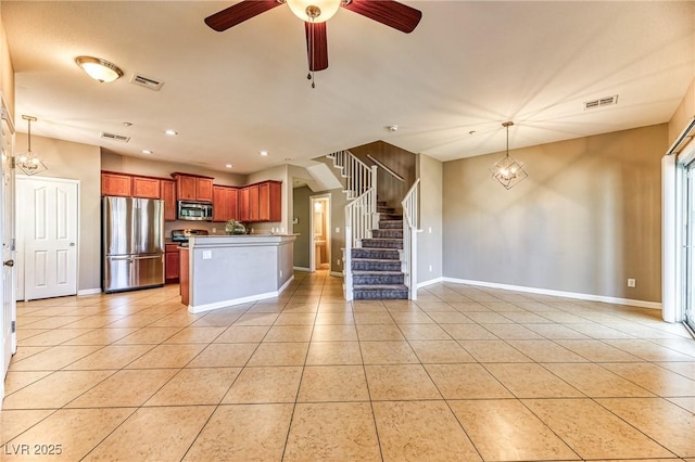 unfurnished living room featuring light tile patterned flooring, stairway, baseboards, ceiling fan, and recessed lighting