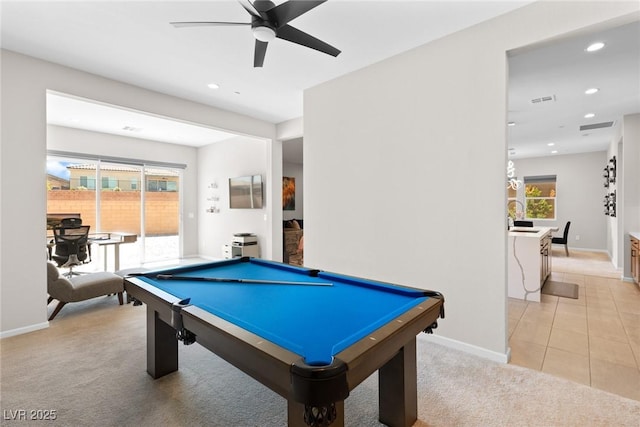 8929 Cassia Winds St, Las Vegas, NV 89166 - game room featuring billiards, baseboards, light carpet, ceiling fan, and recessed lighting