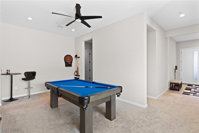 8929 Cassia Winds St, Las Vegas, NV 89166 - game room featuring carpet, baseboards, billiards table, recessed lighting, and a ceiling fan