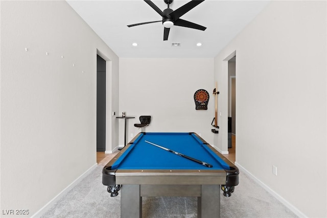 8929 Cassia Winds St, Las Vegas, NV 89166 - playroom featuring billiards table, ceiling fan, baseboards, carpet flooring, and recessed lighting