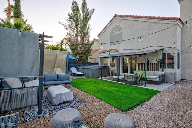 9013 Cypress Point Way, Las Vegas, NV 89117 - view of yard with a hot tub, an outdoor living space, and a patio area