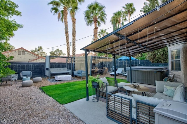 9013 Cypress Point Way, Las Vegas, NV 89117 - fenced backyard featuring a hot tub, an outdoor living space, and a patio