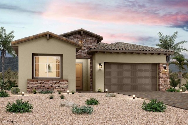 77 Ibiza Lake Dr, Henderson, NV 89011 - view of front of home featuring stucco siding, a garage, stone siding, and a tile roof