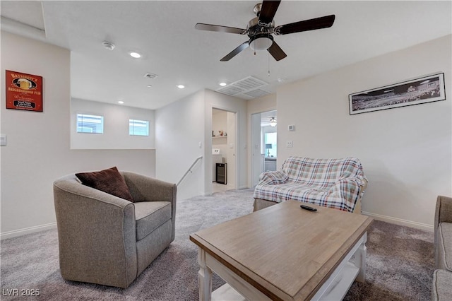 387 Larksong Ave, Henderson, NV 89011 - carpeted living room featuring baseboards, ceiling fan, and recessed lighting