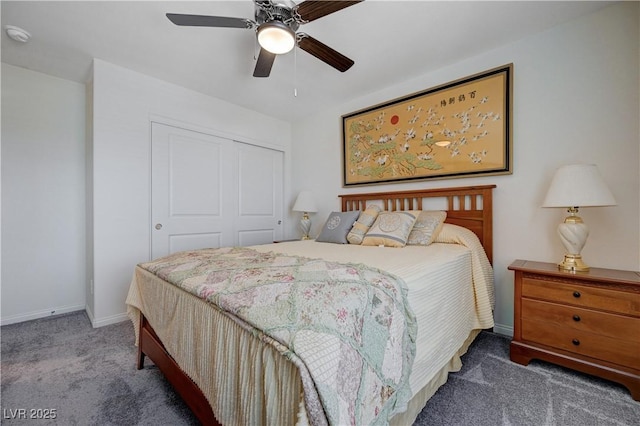 387 Larksong Ave, Henderson, NV 89011 - bedroom with carpet floors, a closet, baseboards, and ceiling fan