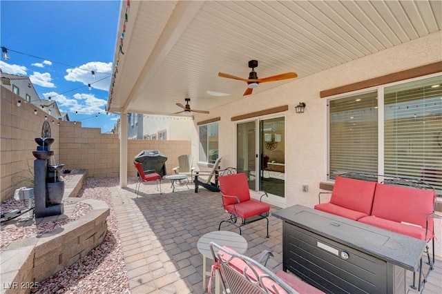 387 Larksong Ave, Henderson, NV 89011 - view of patio with an outdoor hangout area, area for grilling, and ceiling fan