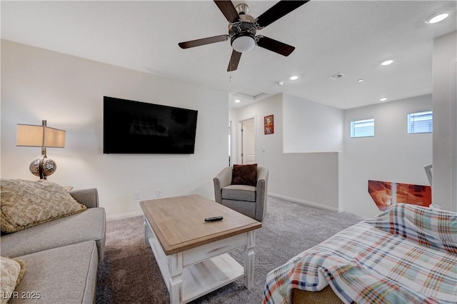 387 Larksong Ave, Henderson, NV 89011 - carpeted living area featuring recessed lighting, ceiling fan, and baseboards
