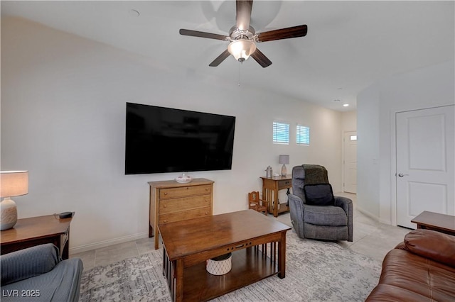 387 Larksong Ave, Henderson, NV 89011 - living room featuring a ceiling fan, light tile patterned floors, recessed lighting, and baseboards